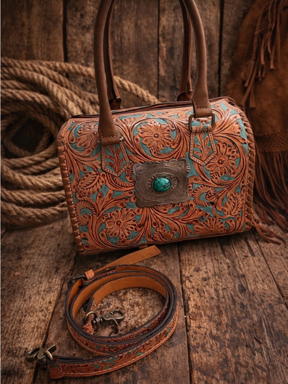 Tooled Floral Leather Shoulder Bag with Turquoise Accent